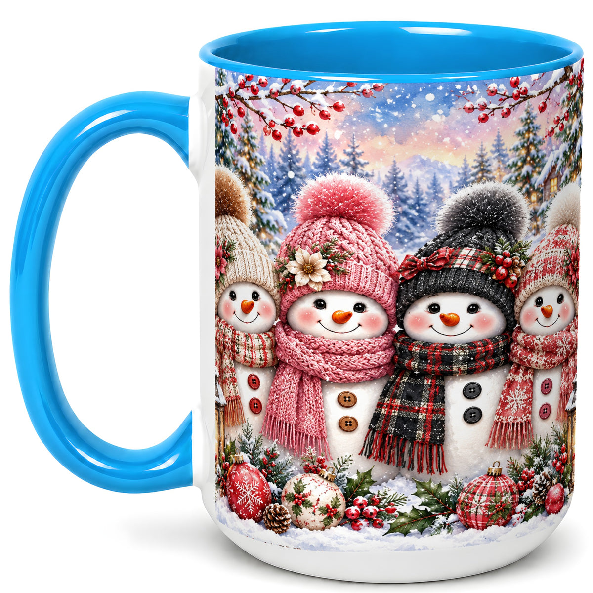 #pl[15oz|Blue] Cozy Snowman Coffee Mug, Plaid Winter Friends Mug, Ceramic Cup