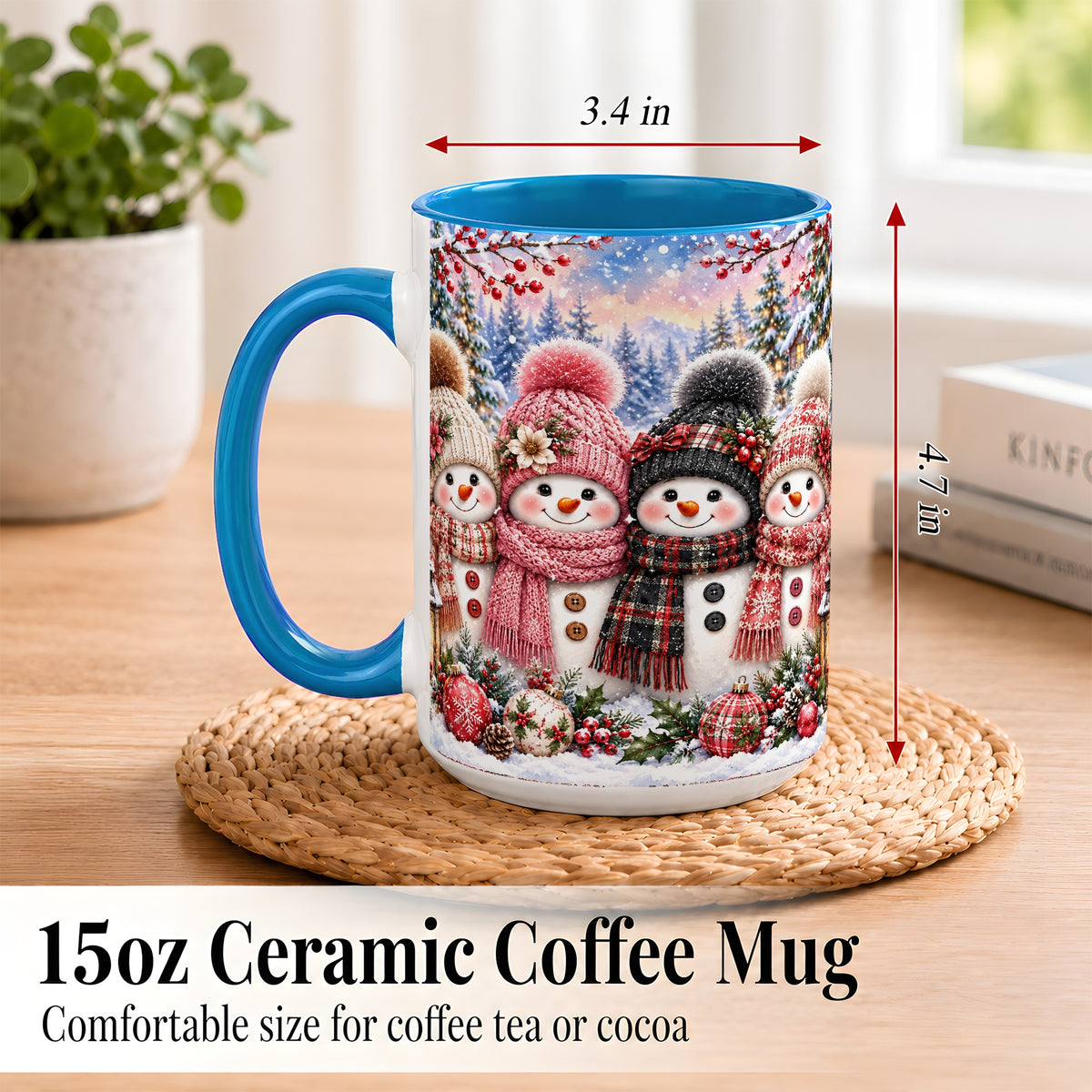 #pl[15oz|Blue] Cozy Snowman Coffee Mug, Plaid Winter Friends Mug, Ceramic Cup