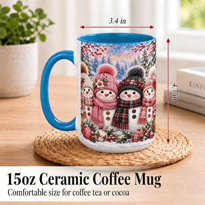 #pl[15oz|Blue] Cozy Snowman Coffee Mug, Plaid Winter Friends Mug, Ceramic Cup