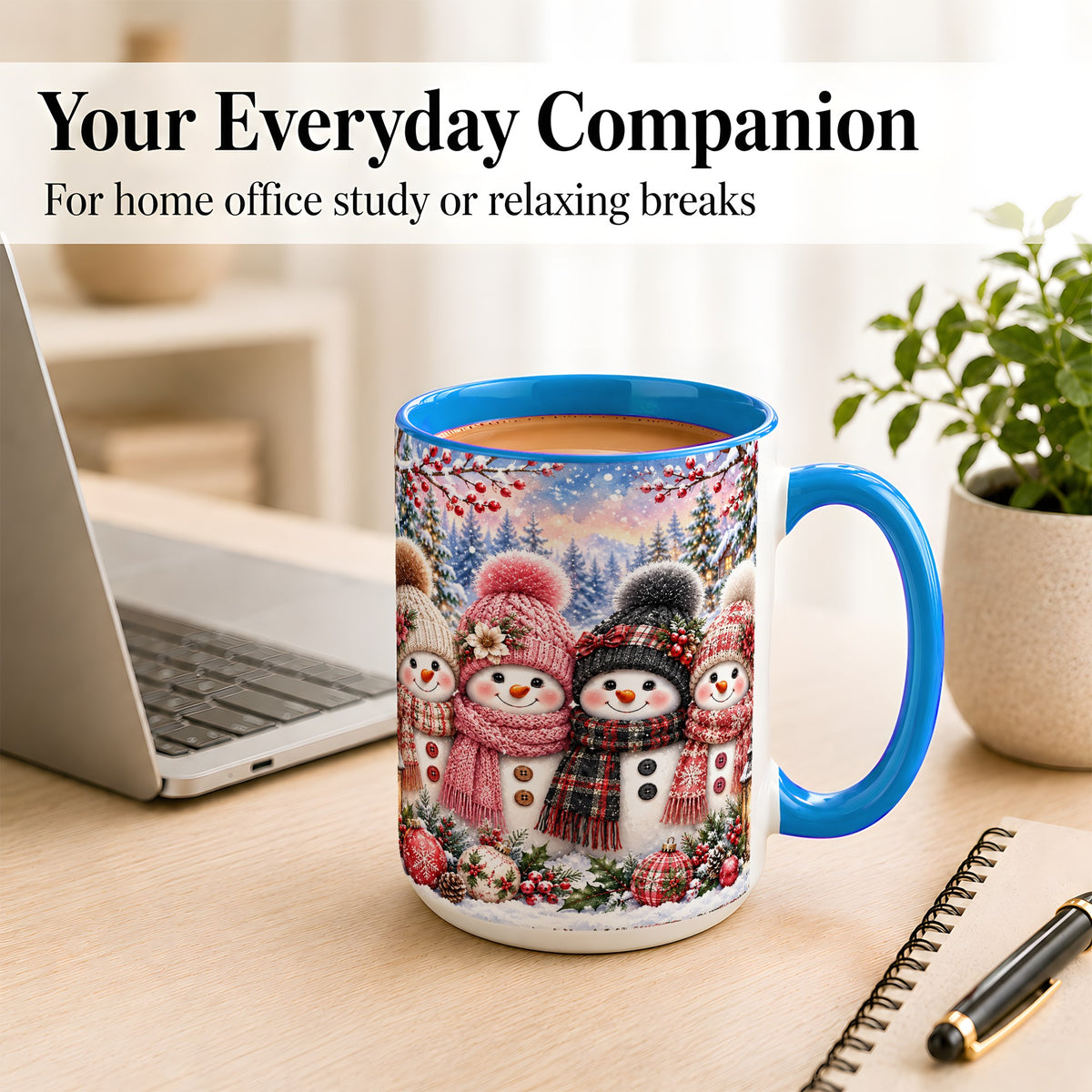 #pl[15oz|Blue] Cozy Snowman Coffee Mug, Plaid Winter Friends Mug, Ceramic Cup