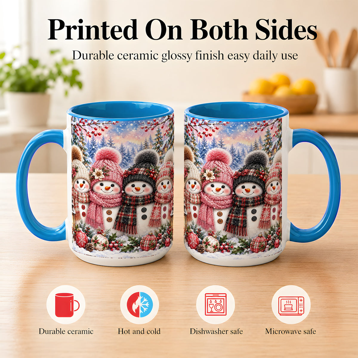 #pl[15oz|Blue] Cozy Snowman Coffee Mug, Plaid Winter Friends Mug, Ceramic Cup