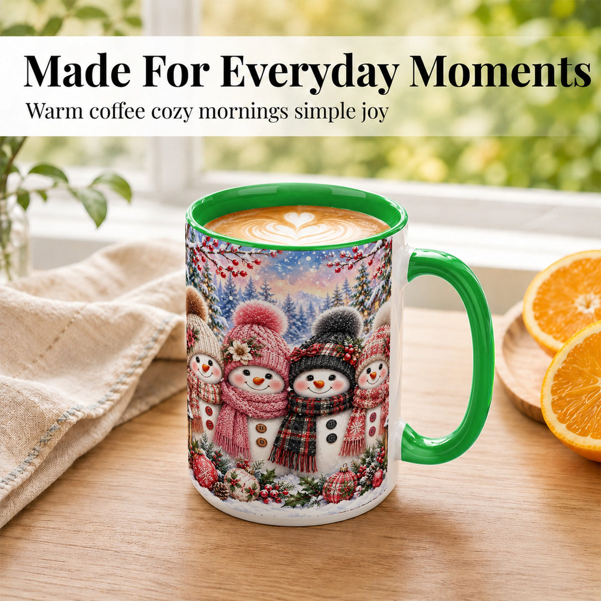 #pl[15oz|Green] Cozy Snowman Coffee Mug, Plaid Winter Friends Mug, Ceramic Cup
