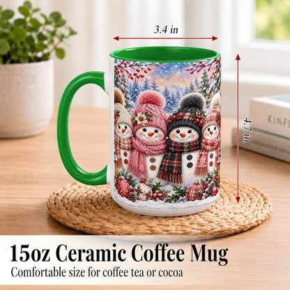 #pl[15oz|Green] Cozy Snowman Coffee Mug, Plaid Winter Friends Mug, Ceramic Cup