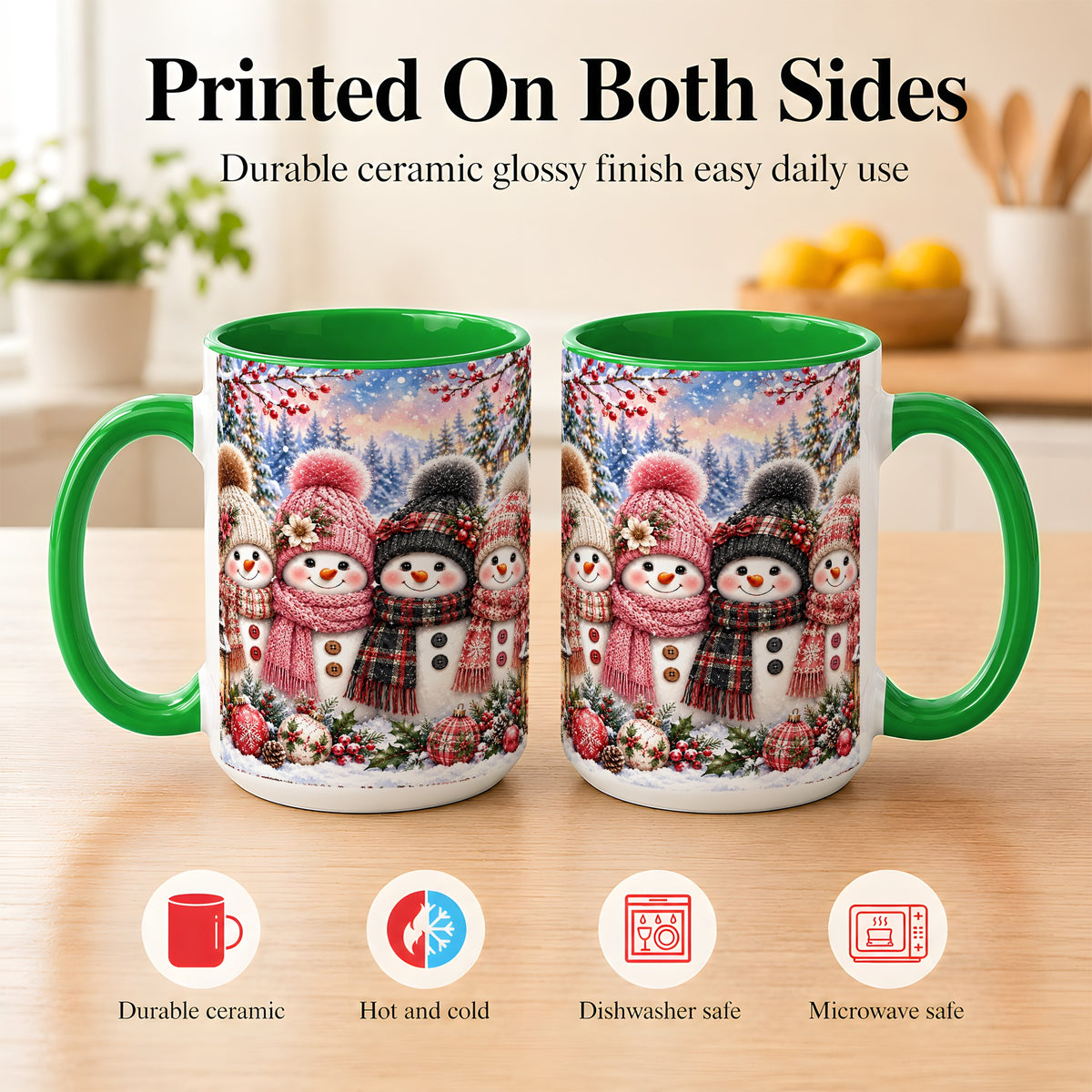 #pl[15oz|Green] Cozy Snowman Coffee Mug, Plaid Winter Friends Mug, Ceramic Cup