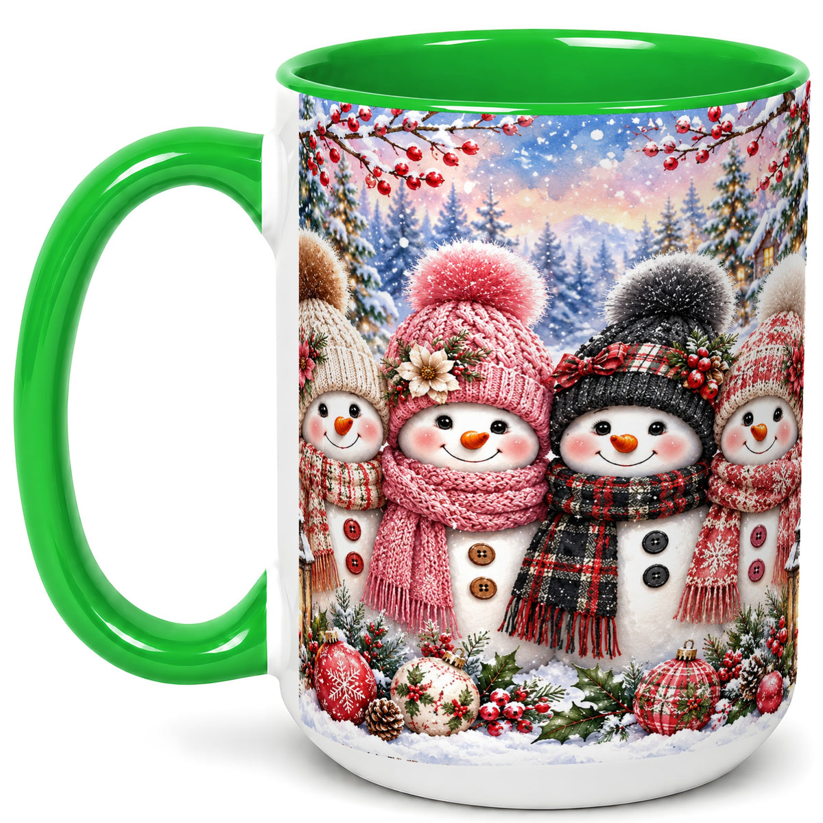 #pl[15oz|Green] Cozy Snowman Coffee Mug, Plaid Winter Friends Mug, Ceramic Cup