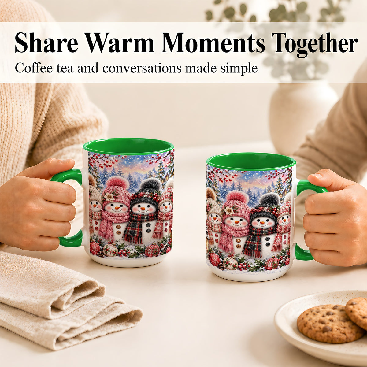 #pl[15oz|Green] Cozy Snowman Coffee Mug, Plaid Winter Friends Mug, Ceramic Cup