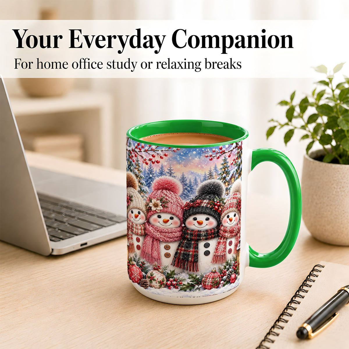 #pl[15oz|Green] Cozy Snowman Coffee Mug, Plaid Winter Friends Mug, Ceramic Cup
