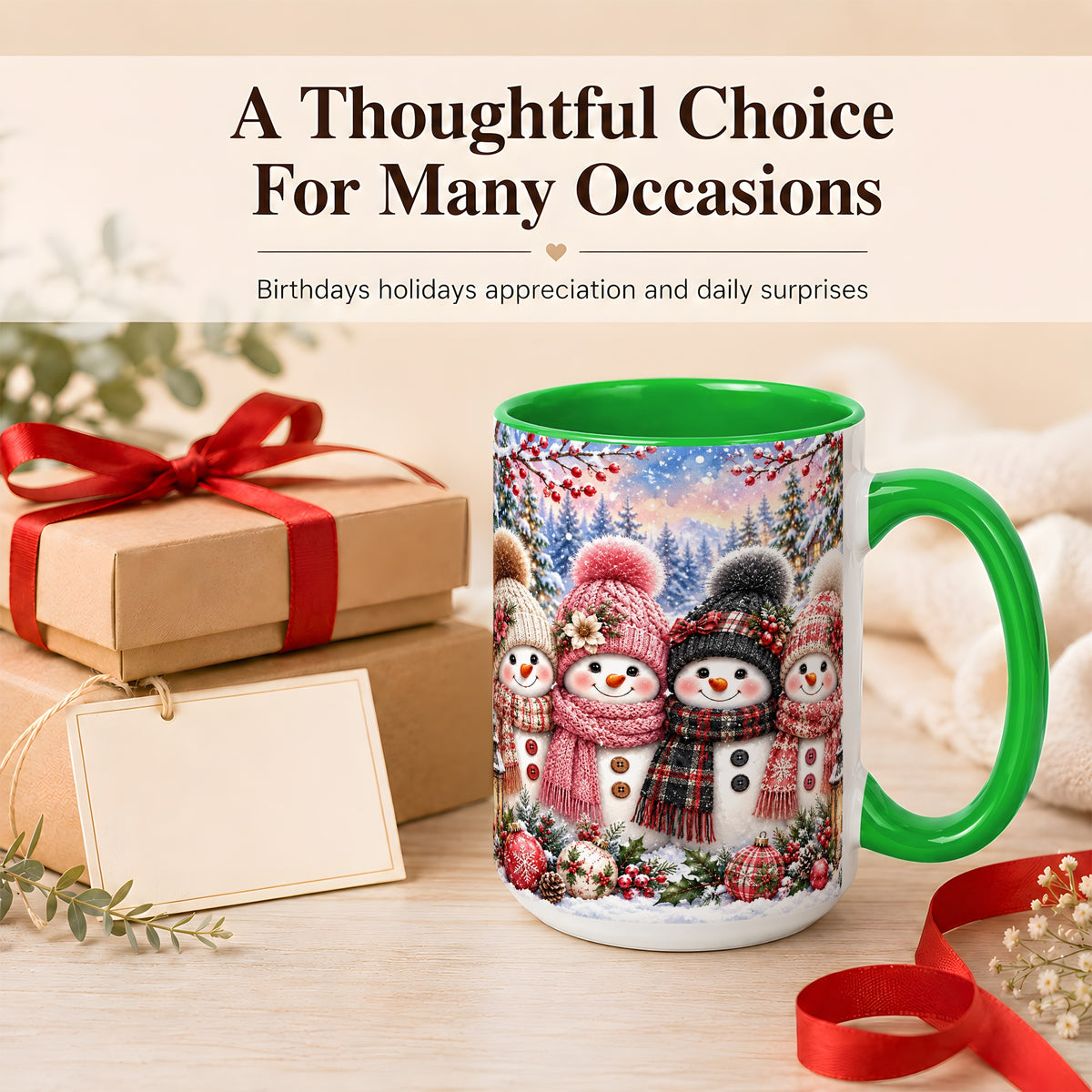 #pl[15oz|Green] Cozy Snowman Coffee Mug, Plaid Winter Friends Mug, Ceramic Cup