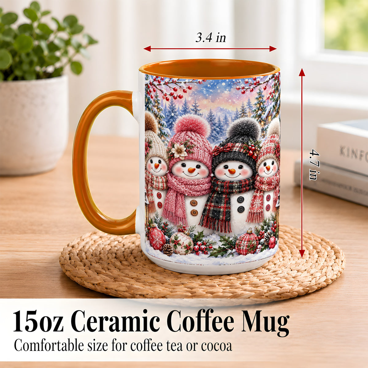 #pl[15oz|Orange] Cozy Snowman Coffee Mug, Plaid Winter Friends Mug, Ceramic Cup