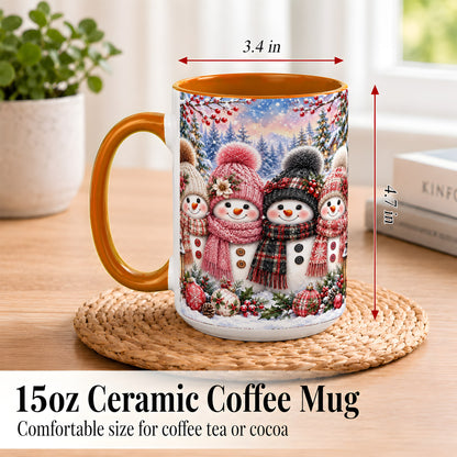 #pl[15oz|Orange] Cozy Snowman Coffee Mug, Plaid Winter Friends Mug, Ceramic Cup