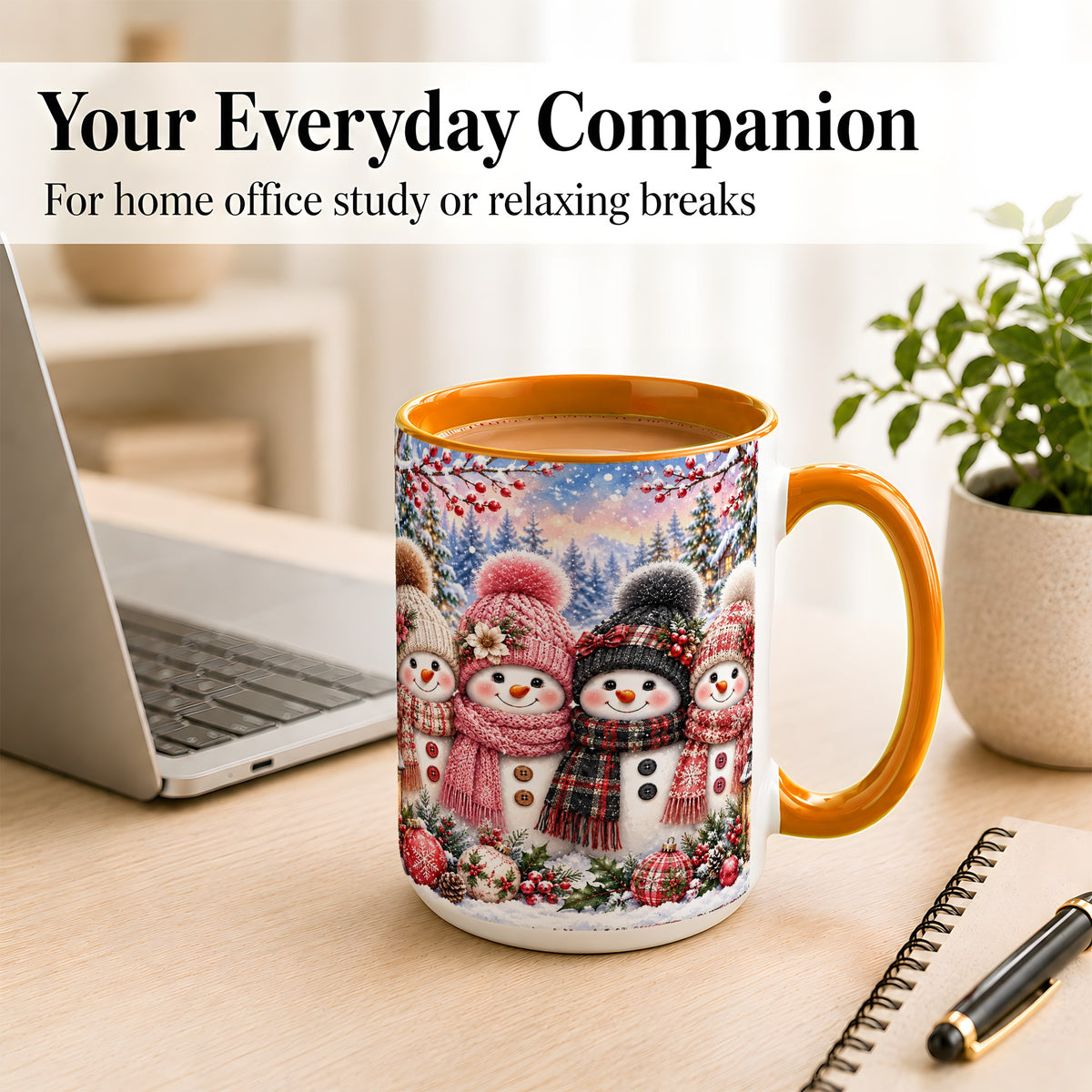 #pl[15oz|Orange] Cozy Snowman Coffee Mug, Plaid Winter Friends Mug, Ceramic Cup