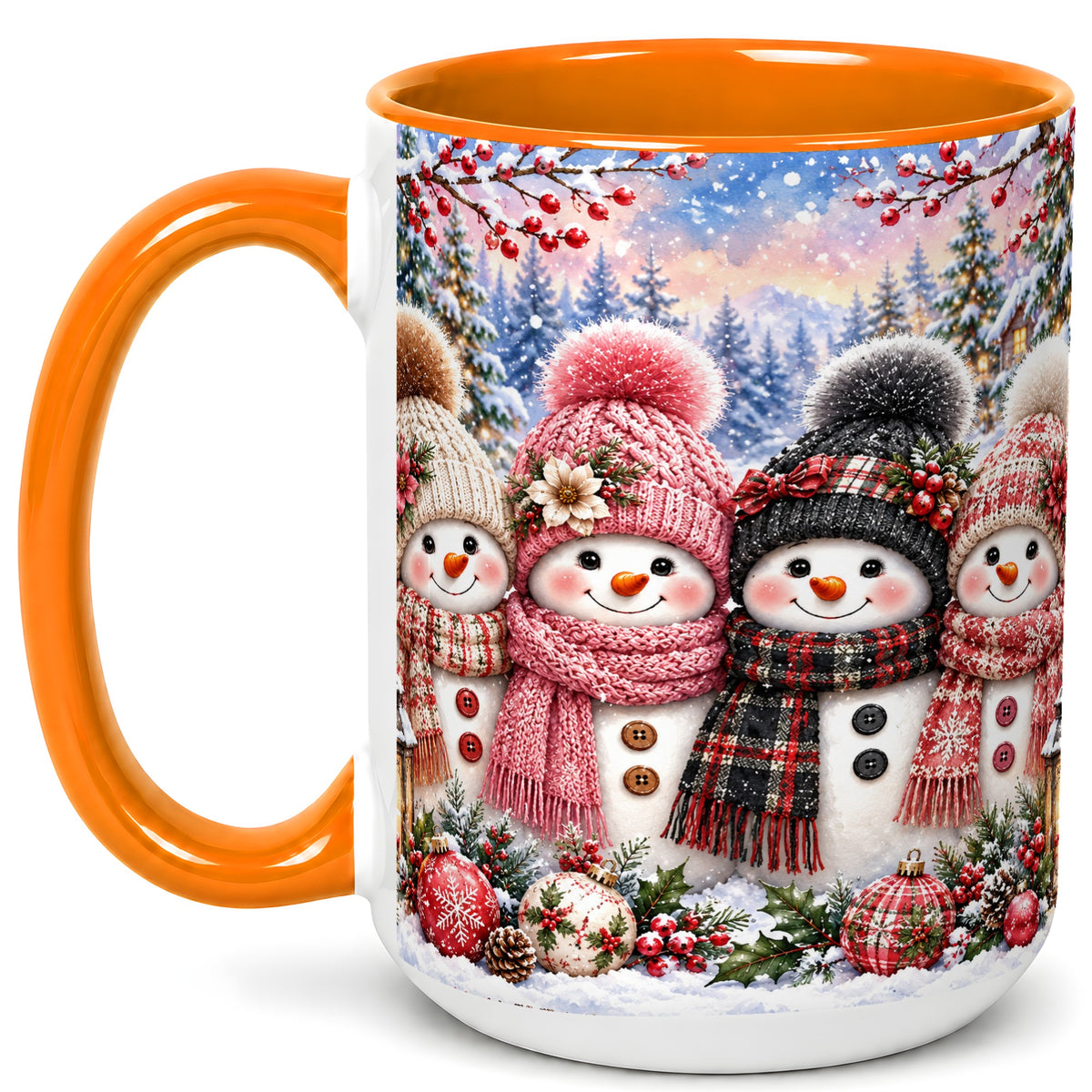 #pl[15oz|Orange] Cozy Snowman Coffee Mug, Plaid Winter Friends Mug, Ceramic Cup