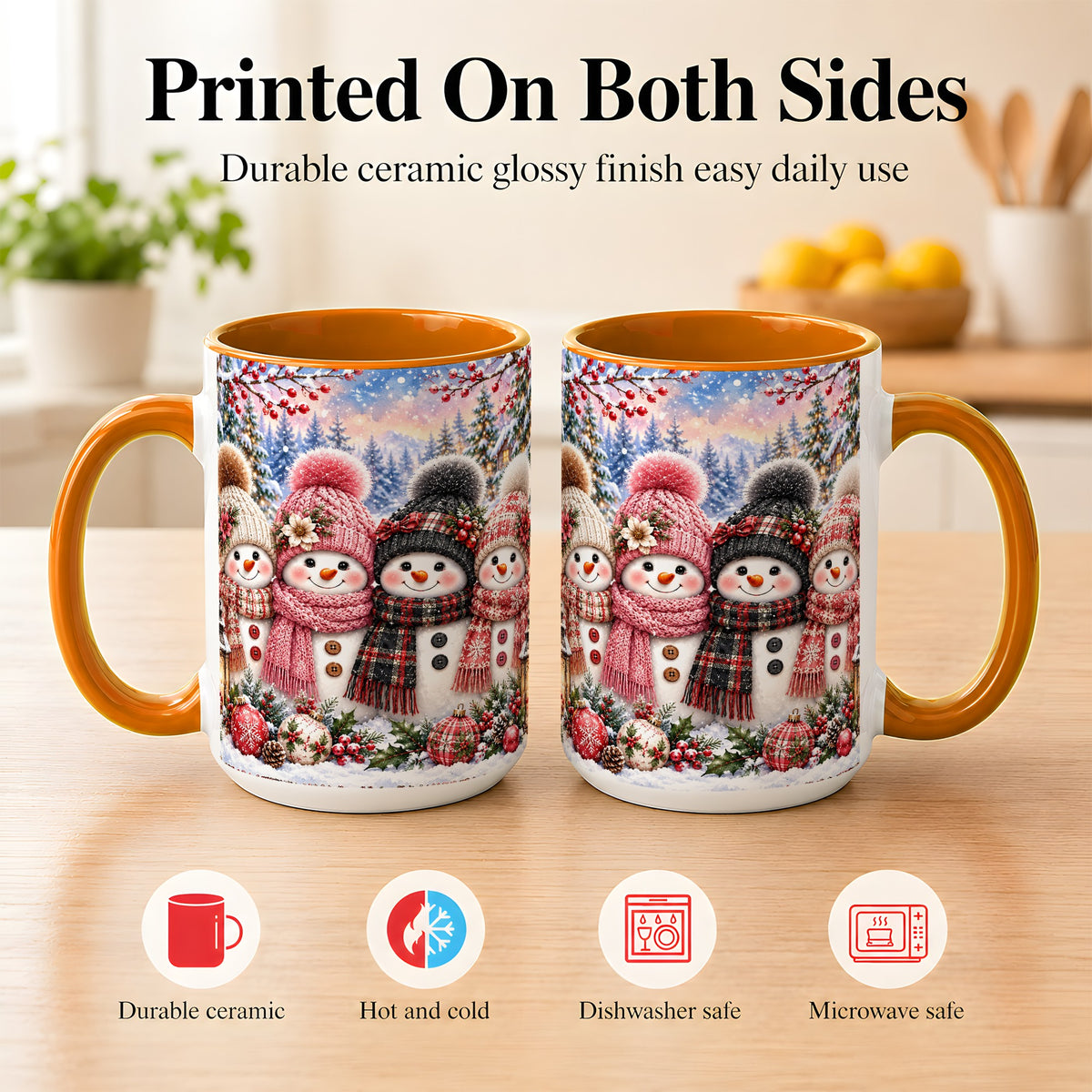 #pl[15oz|Orange] Cozy Snowman Coffee Mug, Plaid Winter Friends Mug, Ceramic Cup