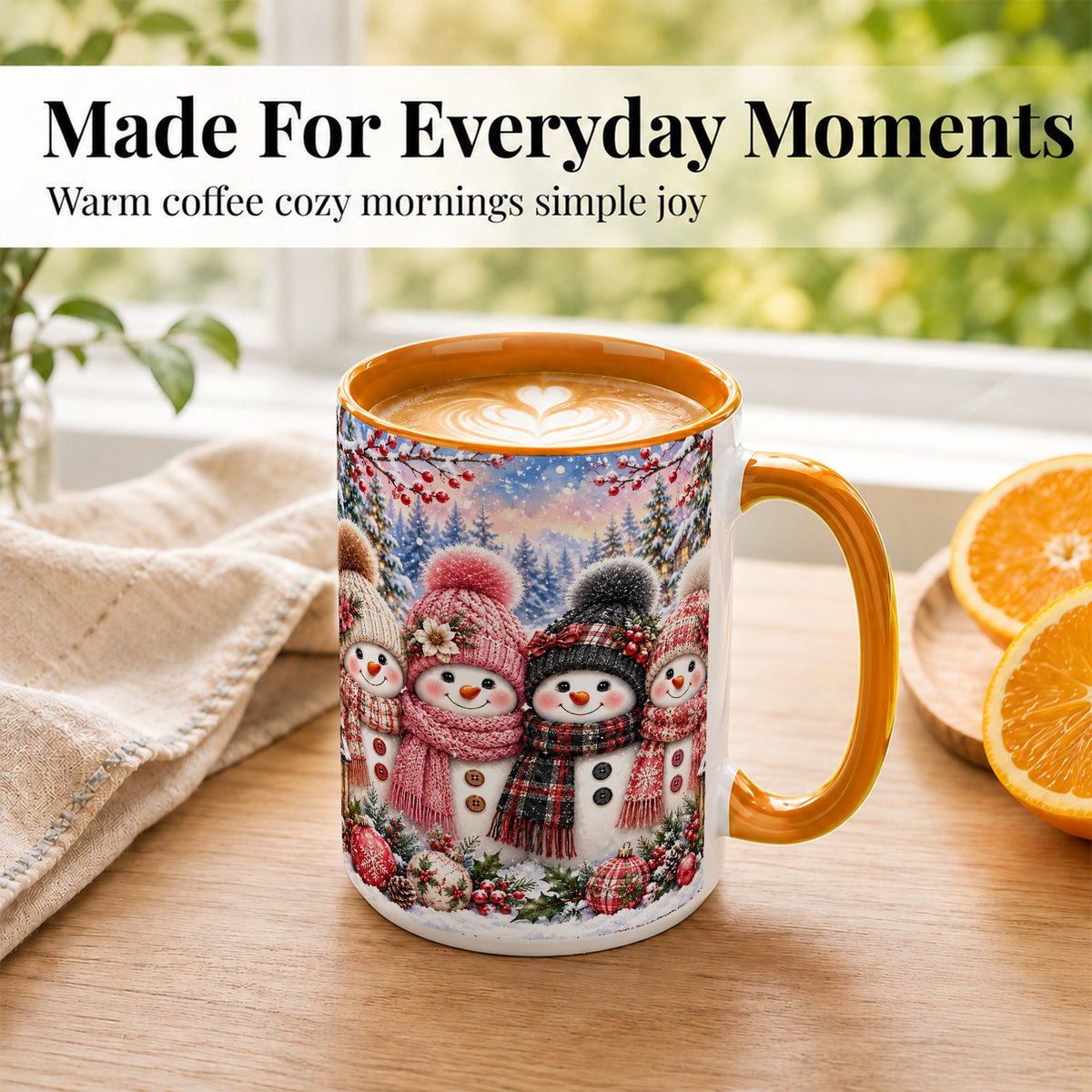#pl[15oz|Orange] Cozy Snowman Coffee Mug, Plaid Winter Friends Mug, Ceramic Cup