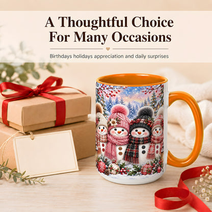 #pl[15oz|Orange] Cozy Snowman Coffee Mug, Plaid Winter Friends Mug, Ceramic Cup