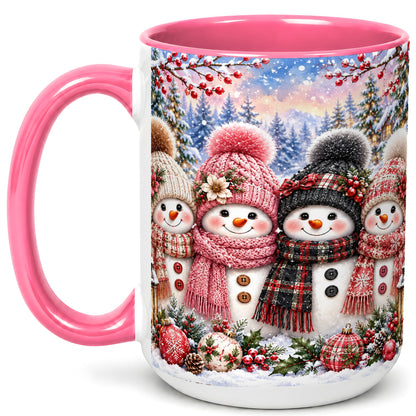 #pl[15oz|Pink] Cozy Snowman Coffee Mug, Plaid Winter Friends Mug, Ceramic Cup
