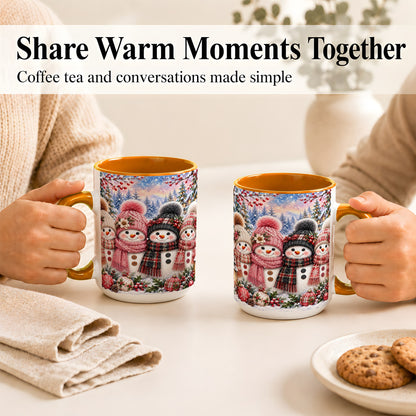#pl[15oz|Orange] Cozy Snowman Coffee Mug, Plaid Winter Friends Mug, Ceramic Cup