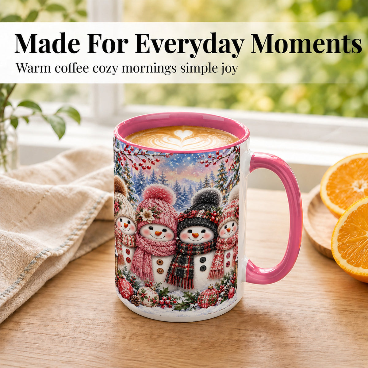 #pl[15oz|Pink] Cozy Snowman Coffee Mug, Plaid Winter Friends Mug, Ceramic Cup