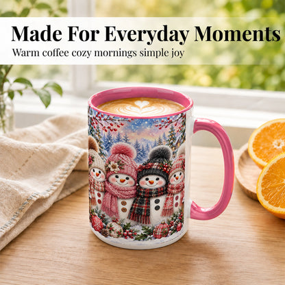 #pl[15oz|Pink] Cozy Snowman Coffee Mug, Plaid Winter Friends Mug, Ceramic Cup
