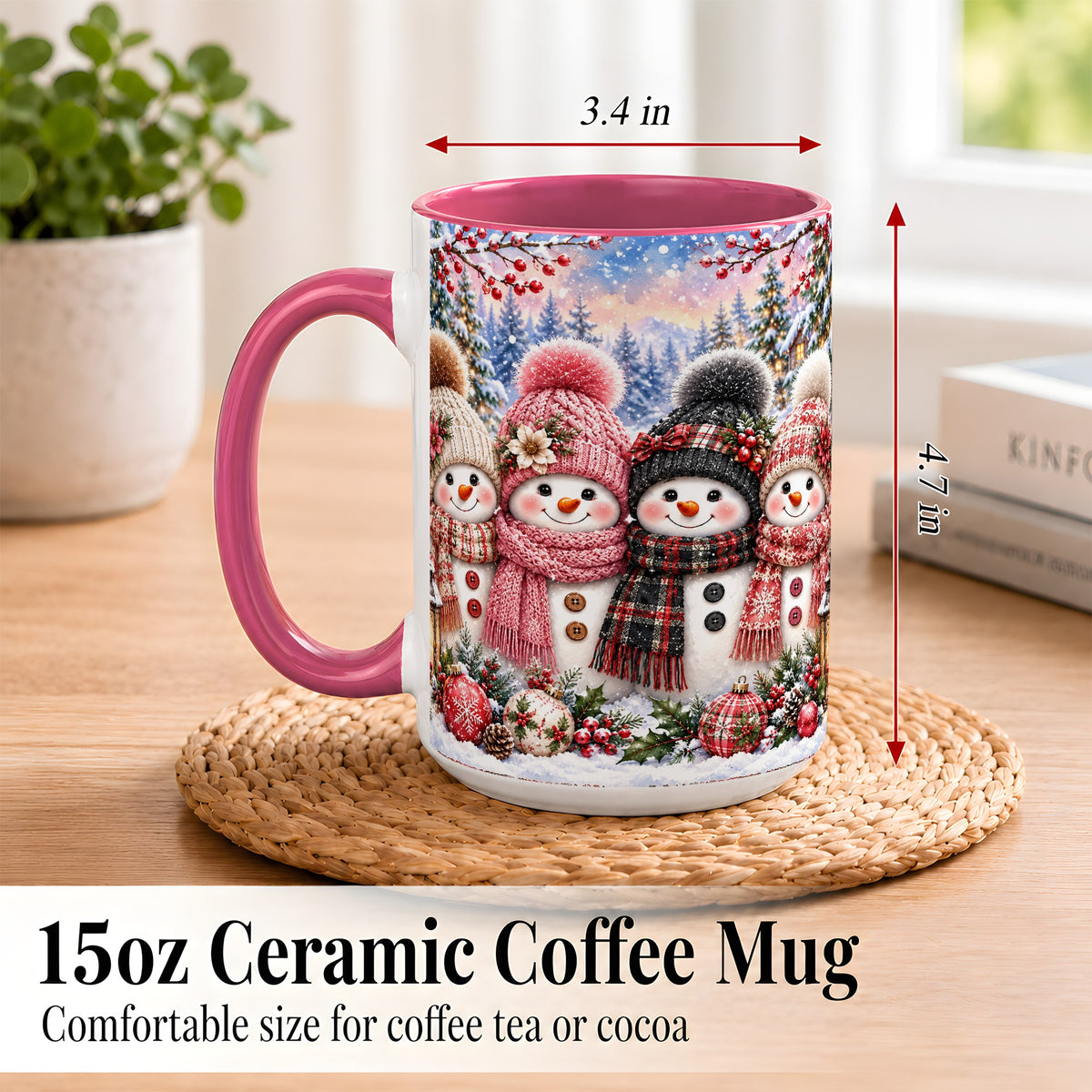 #pl[15oz|Pink] Cozy Snowman Coffee Mug, Plaid Winter Friends Mug, Ceramic Cup