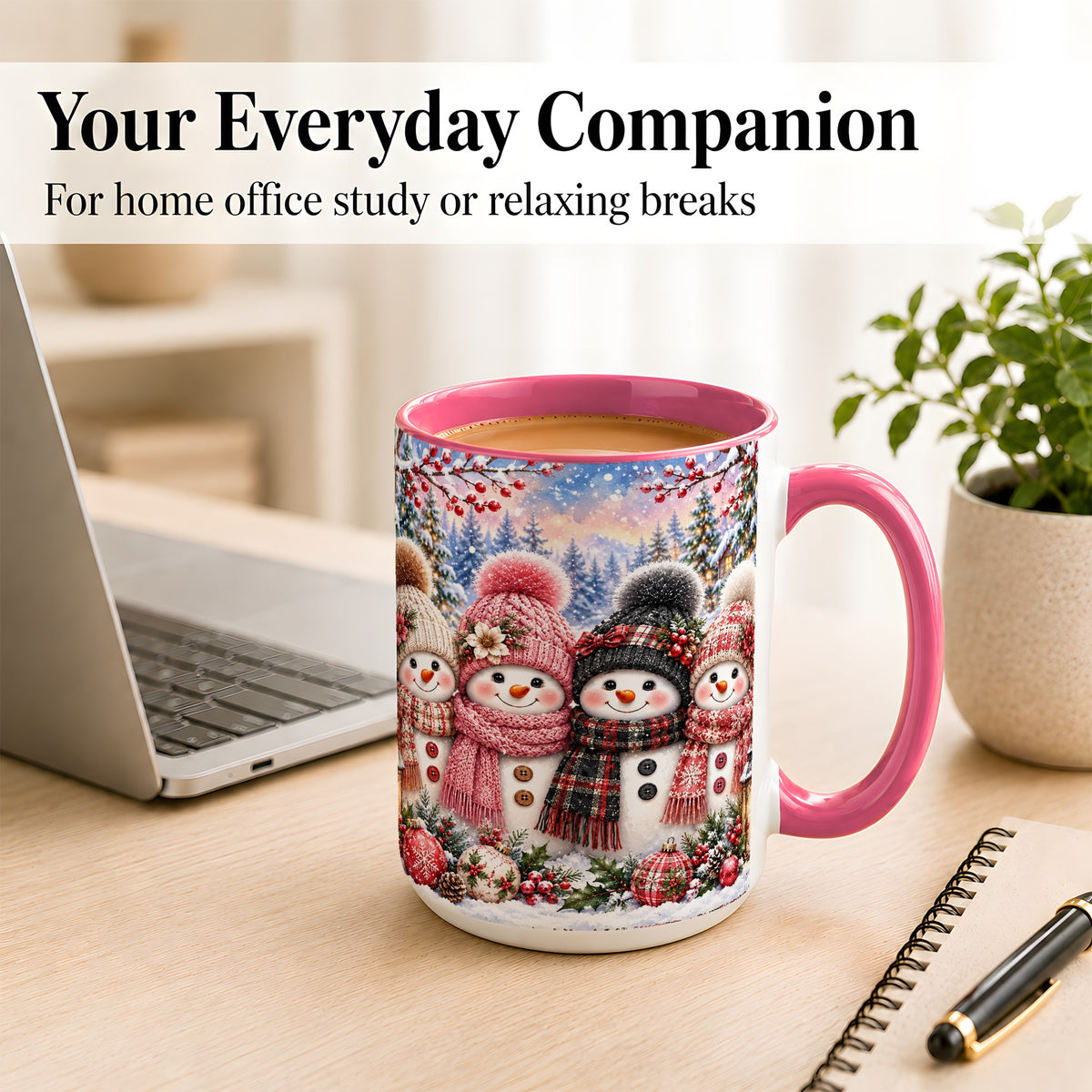#pl[15oz|Pink] Cozy Snowman Coffee Mug, Plaid Winter Friends Mug, Ceramic Cup