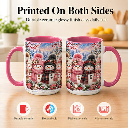 #pl[15oz|Pink] Cozy Snowman Coffee Mug, Plaid Winter Friends Mug, Ceramic Cup