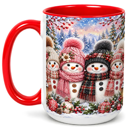 #pl[15oz|Red] Cozy Snowman Coffee Mug, Plaid Winter Friends Mug, Ceramic Cup