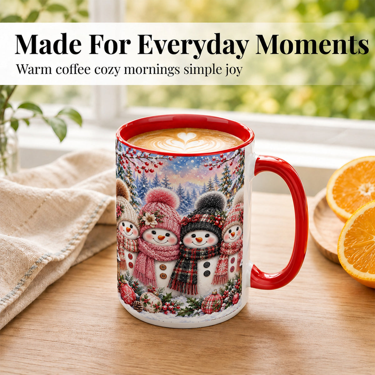 #pl[15oz|Red] Cozy Snowman Coffee Mug, Plaid Winter Friends Mug, Ceramic Cup