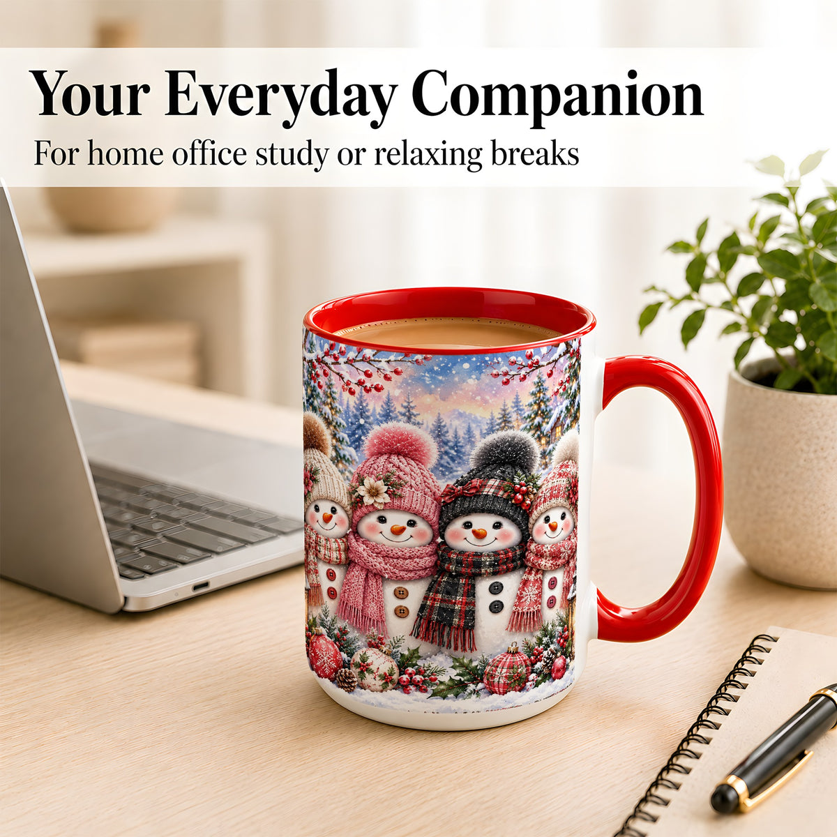 #pl[15oz|Red] Cozy Snowman Coffee Mug, Plaid Winter Friends Mug, Ceramic Cup