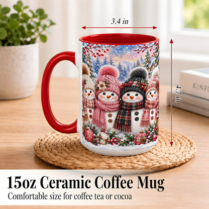 #pl[15oz|Red] Cozy Snowman Coffee Mug, Plaid Winter Friends Mug, Ceramic Cup