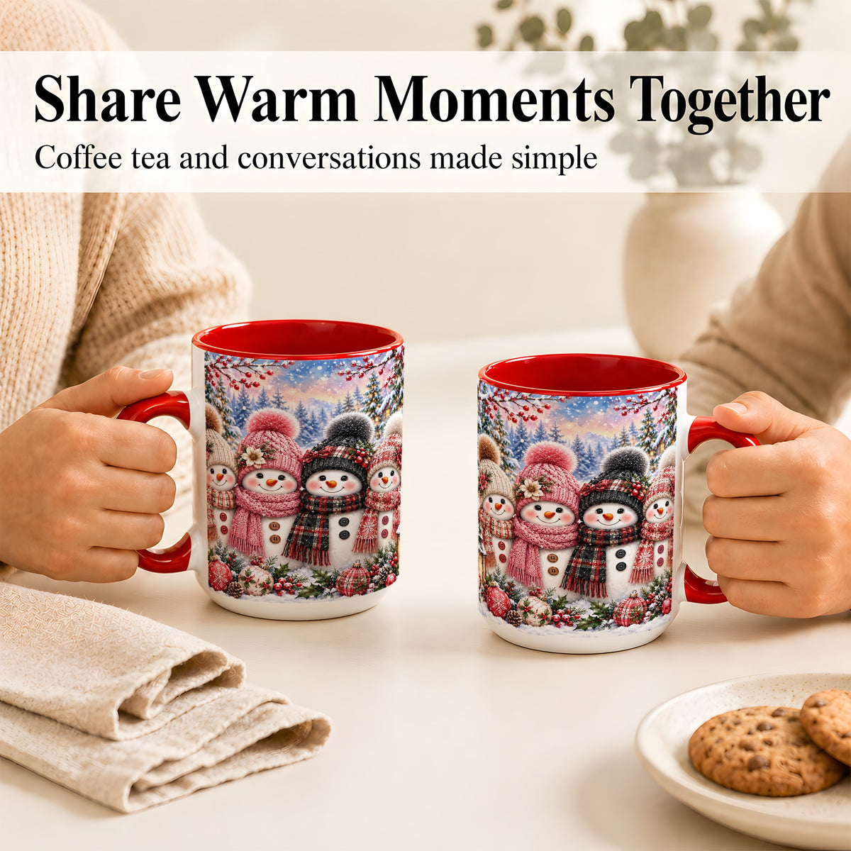 #pl[15oz|Red] Cozy Snowman Coffee Mug, Plaid Winter Friends Mug, Ceramic Cup