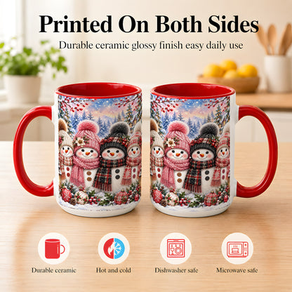 #pl[15oz|Red] Cozy Snowman Coffee Mug, Plaid Winter Friends Mug, Ceramic Cup