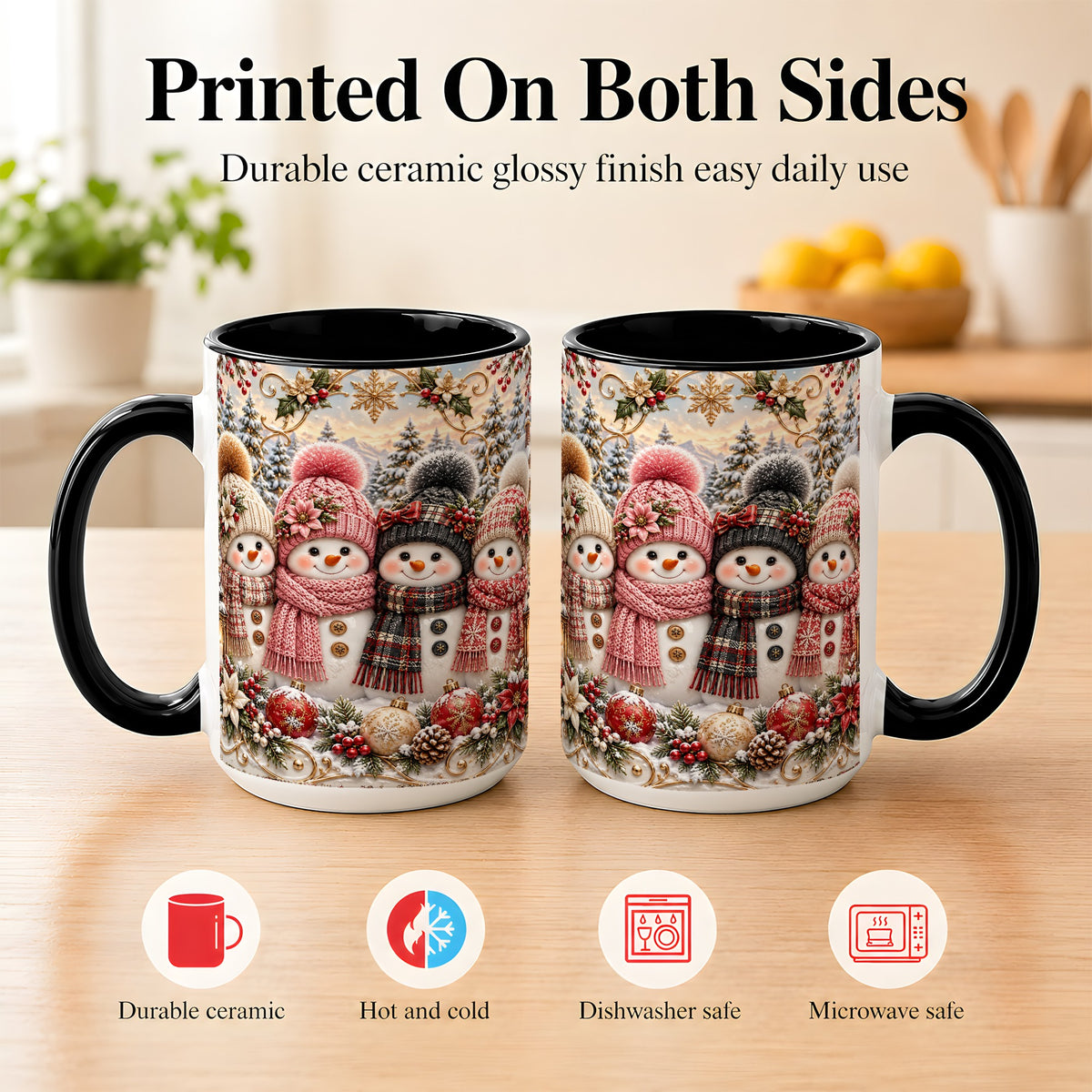 #pl[15oz|Black] Festive Snowman Coffee Mug, Golden Winter Friends Mug, Ceramic Cup