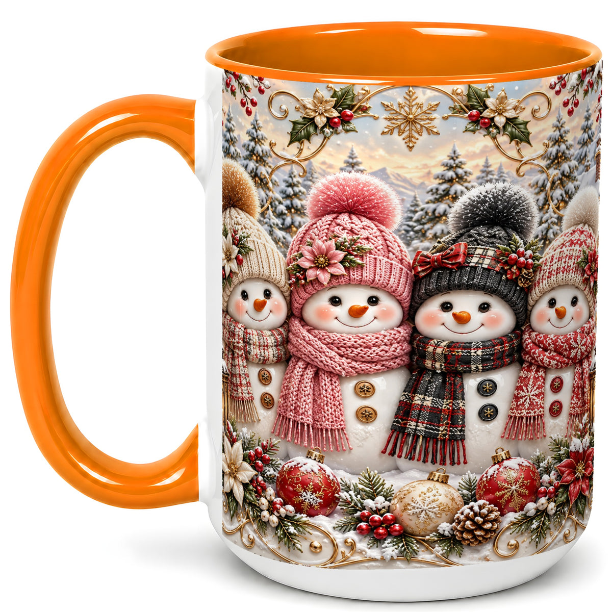 #pl[15oz|Orange] Festive Snowman Coffee Mug, Golden Winter Friends Mug, Ceramic Cup