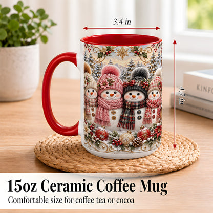 #pl[15oz|Red] Festive Snowman Coffee Mug, Golden Winter Friends Mug, Ceramic Cup