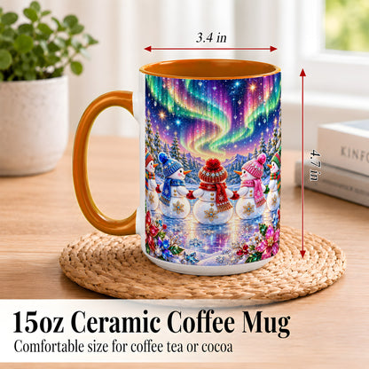 #pl[15oz|Orange] Jeweled Snowman Family Coffee Mug, Aurora Snowmen Mug, Ceramic Cup