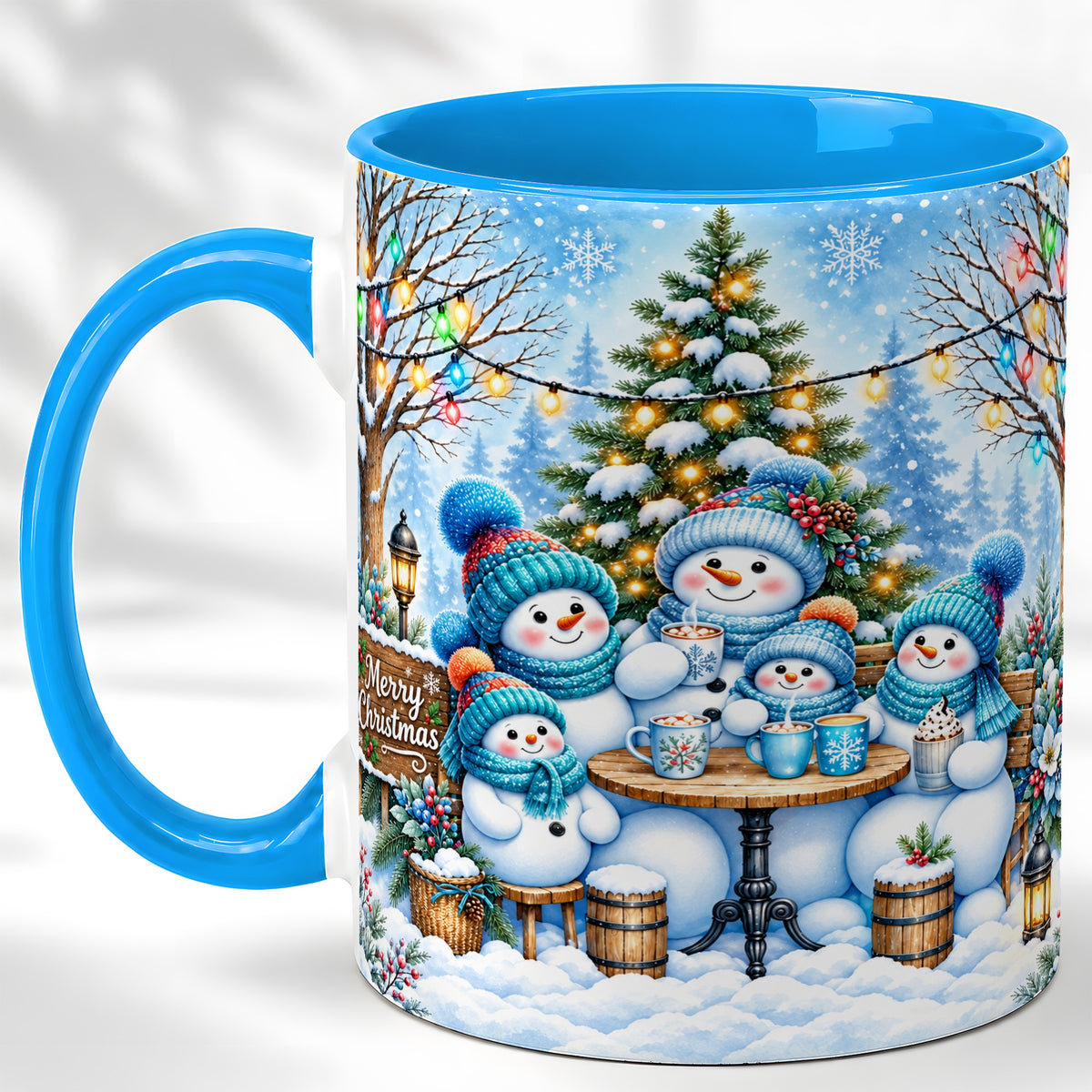 #pl[11oz|Blue] Snowman Family Coffee Mug, Christmas Cocoa Snowmen Mug, Ceramic Cup