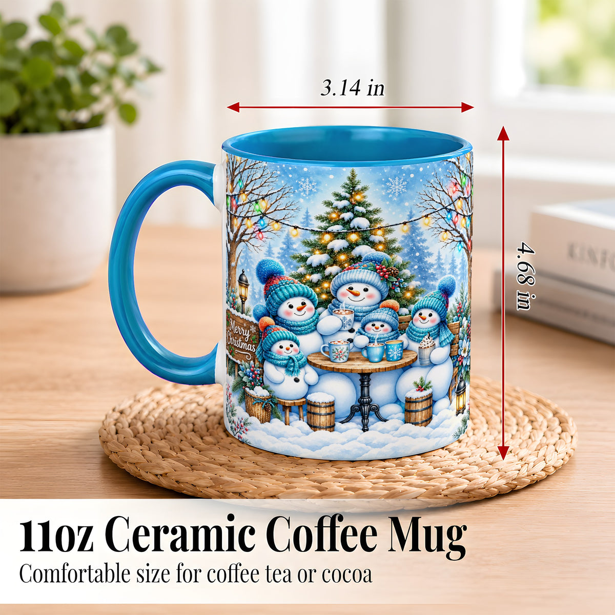 #pl[11oz|Blue] Snowman Family Coffee Mug, Christmas Cocoa Snowmen Mug, Ceramic Cup