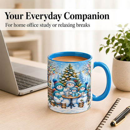 #pl[11oz|Blue] Snowman Family Coffee Mug, Christmas Cocoa Snowmen Mug, Ceramic Cup
