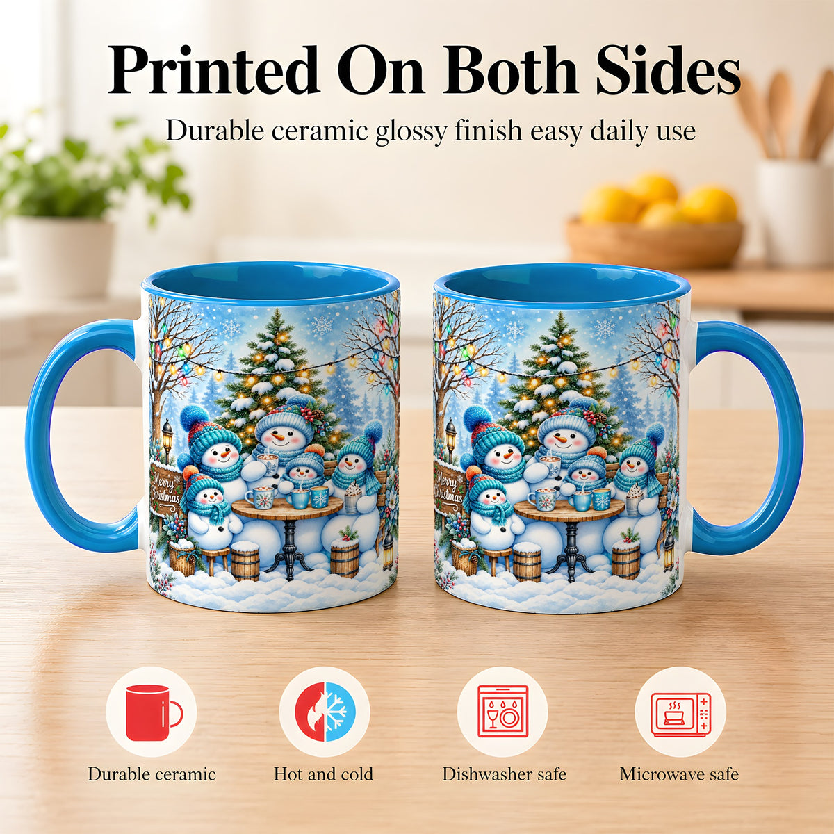 #pl[11oz|Blue] Snowman Family Coffee Mug, Christmas Cocoa Snowmen Mug, Ceramic Cup