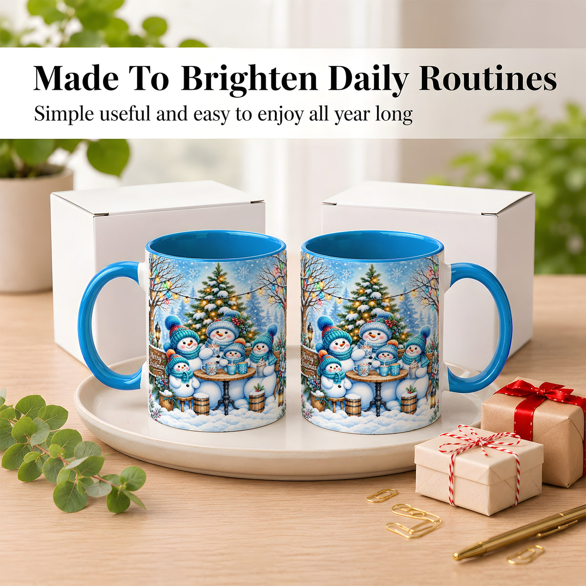 #pl[11oz|Blue] Snowman Family Coffee Mug, Christmas Cocoa Snowmen Mug, Ceramic Cup