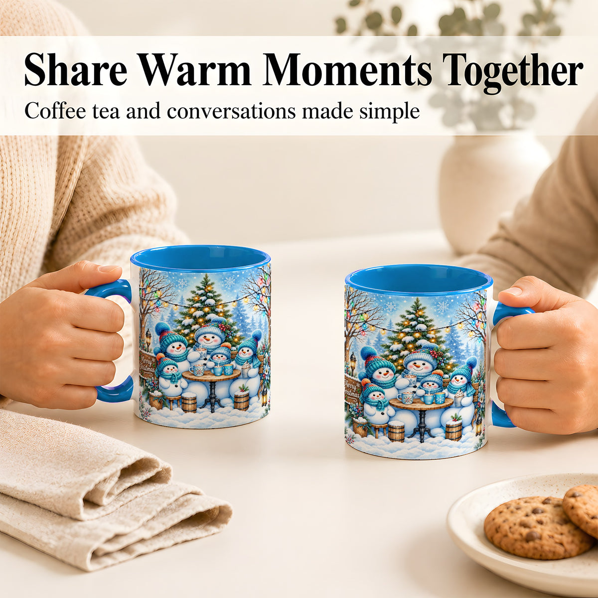 #pl[11oz|Blue] Snowman Family Coffee Mug, Christmas Cocoa Snowmen Mug, Ceramic Cup