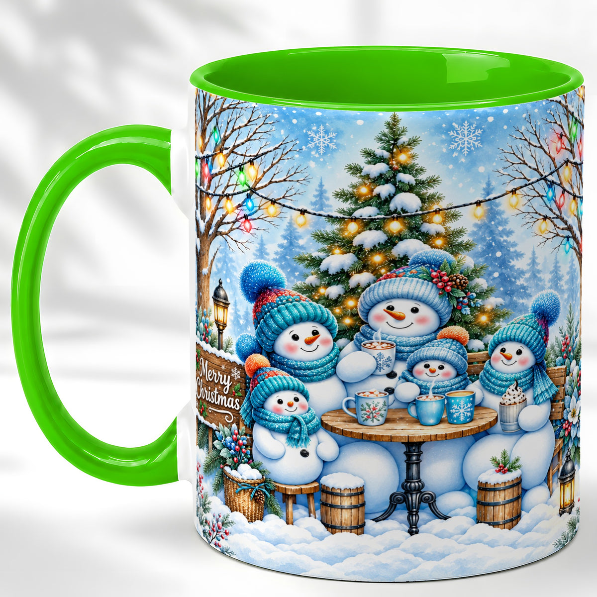 #pl[11oz|Green] Snowman Family Coffee Mug, Christmas Cocoa Snowmen Mug, Ceramic Cup