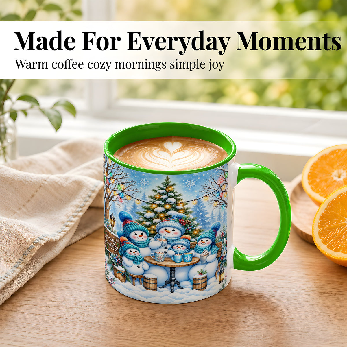 #pl[11oz|Green] Snowman Family Coffee Mug, Christmas Cocoa Snowmen Mug, Ceramic Cup