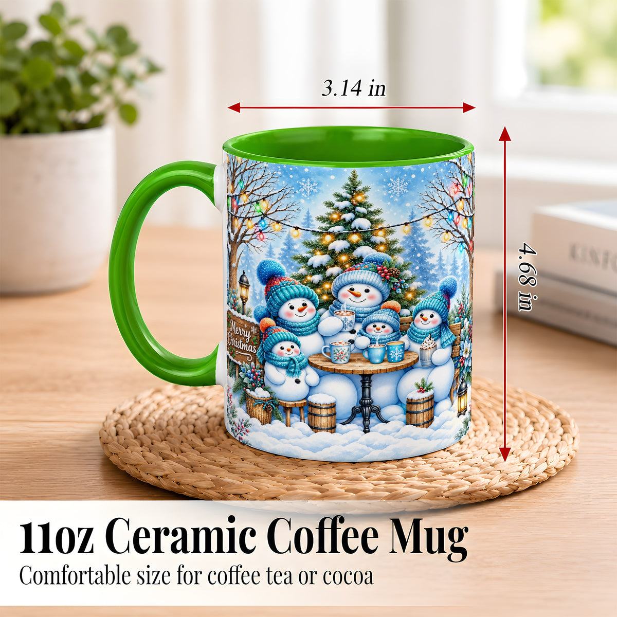 #pl[11oz|Green] Snowman Family Coffee Mug, Christmas Cocoa Snowmen Mug, Ceramic Cup