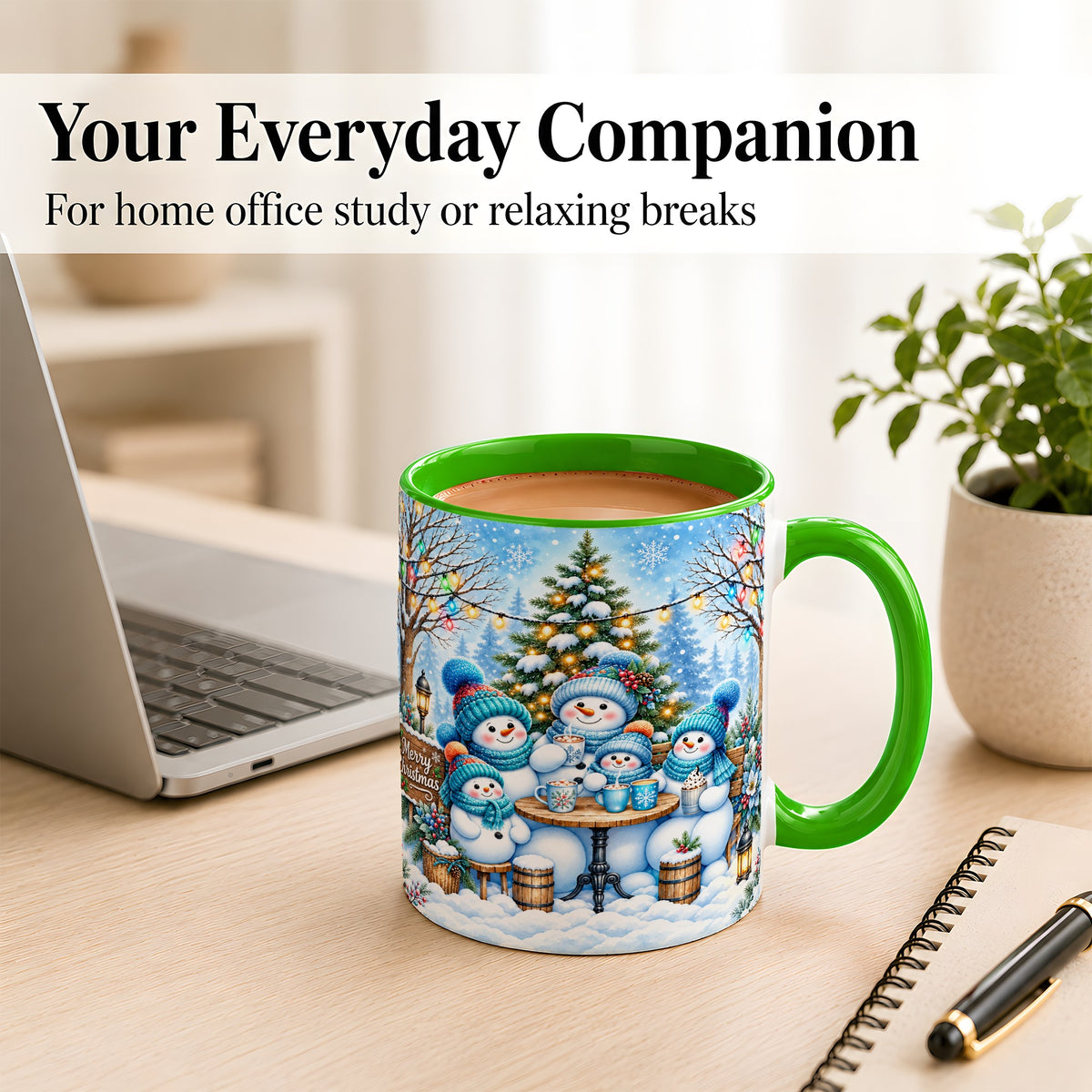 #pl[11oz|Green] Snowman Family Coffee Mug, Christmas Cocoa Snowmen Mug, Ceramic Cup