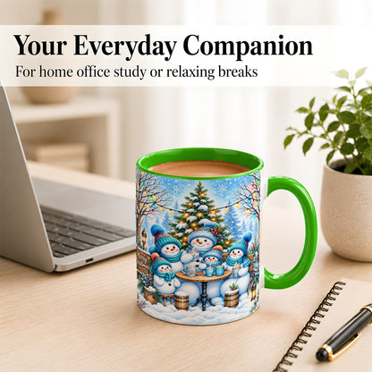 #pl[11oz|Green] Snowman Family Coffee Mug, Christmas Cocoa Snowmen Mug, Ceramic Cup
