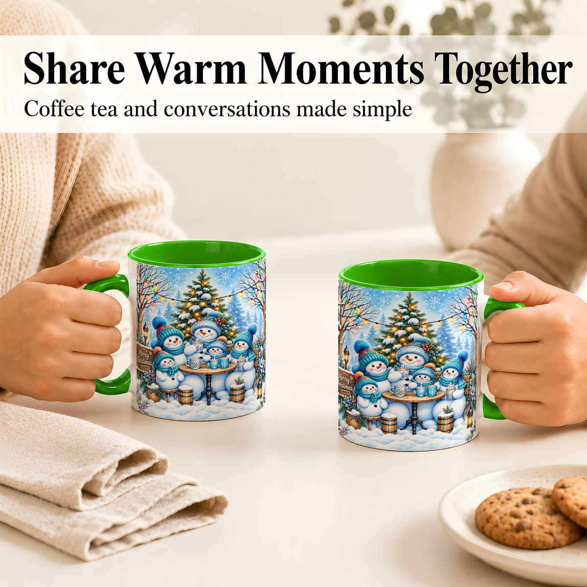 #pl[11oz|Green] Snowman Family Coffee Mug, Christmas Cocoa Snowmen Mug, Ceramic Cup