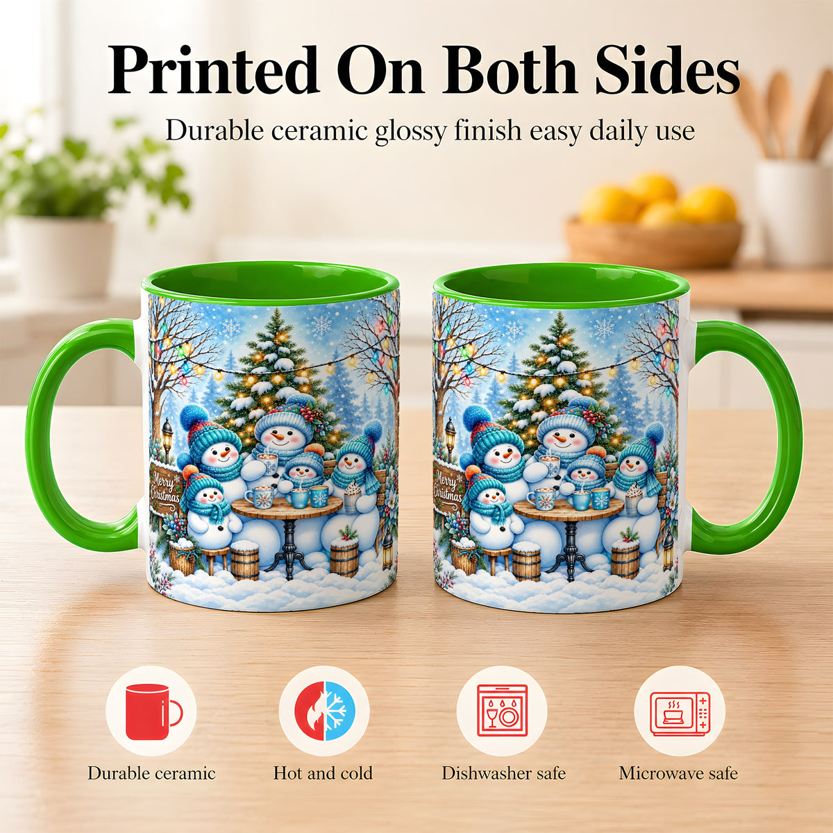 #pl[11oz|Green] Snowman Family Coffee Mug, Christmas Cocoa Snowmen Mug, Ceramic Cup