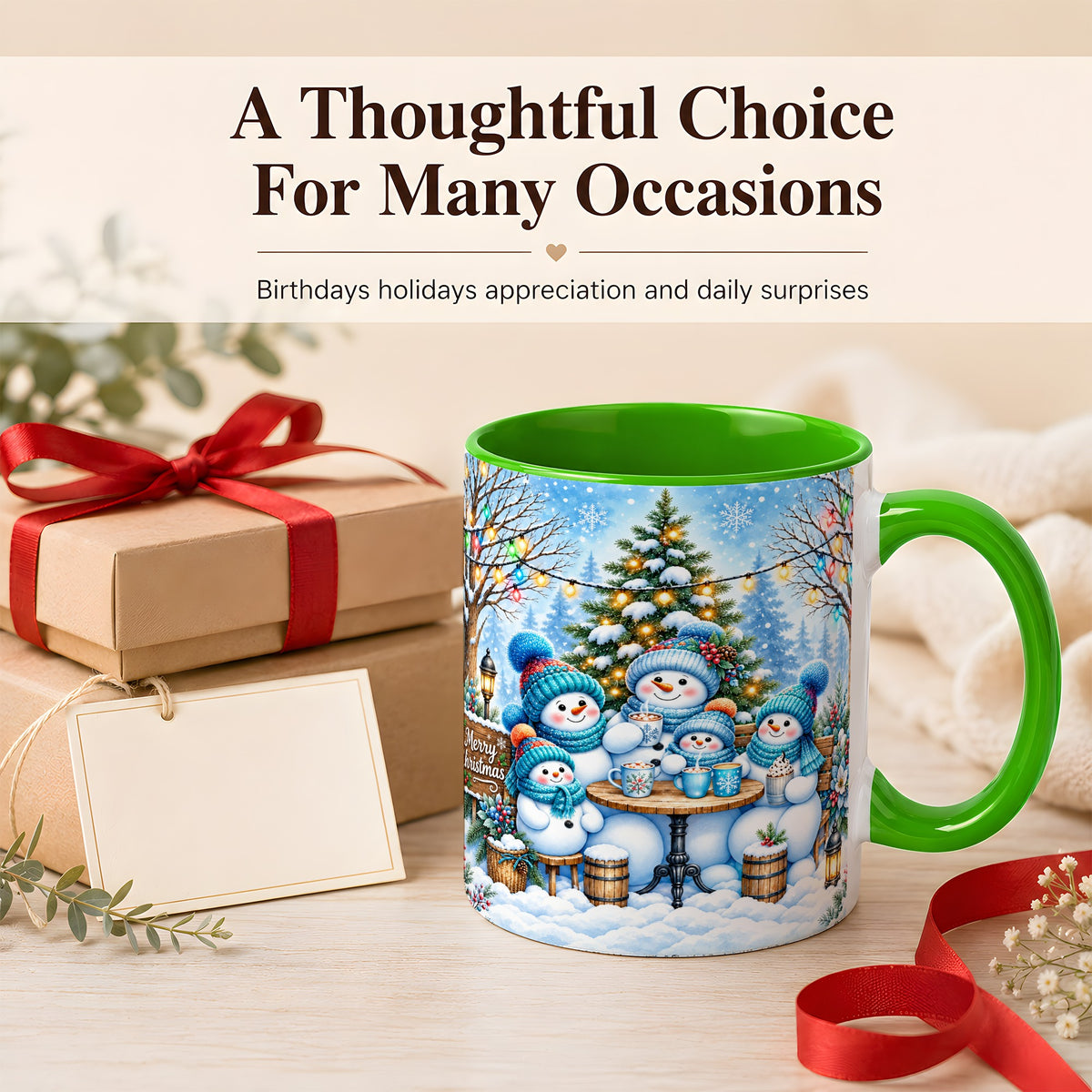 #pl[11oz|Green] Snowman Family Coffee Mug, Christmas Cocoa Snowmen Mug, Ceramic Cup